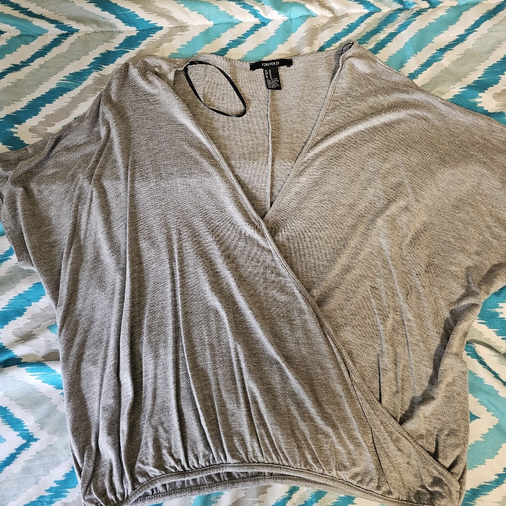 Forever 21 Light Gray Wrap Blouse, Medium, Shorter But Not Crop